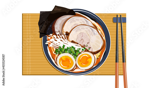Top view pork ramen with boiled egg and seaweed. Isolated bowl of pork ramen and chopsticks on bamboo plate mat with white background. Close up drawing vector illustration. Anime asian food. 