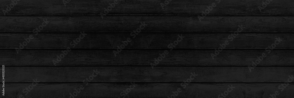 Panorama of New black vintage wooden wall texture and background seamless or a black wooden fence - obrazy, fototapety, plakaty 