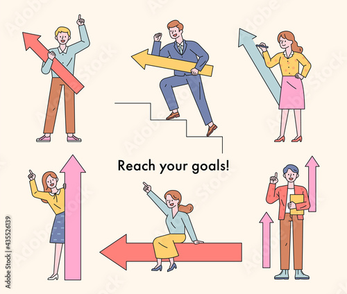 People holding arrow signs are pointing up and cheering. flat design style minimal vector illustration.