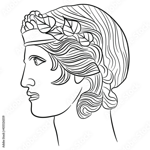 Head of ancient Greek god of wine Dionysus or Bacchus. Portrait of a young handsome man in profile wearing grape and ivy wreath. Black and white linear silhouette.