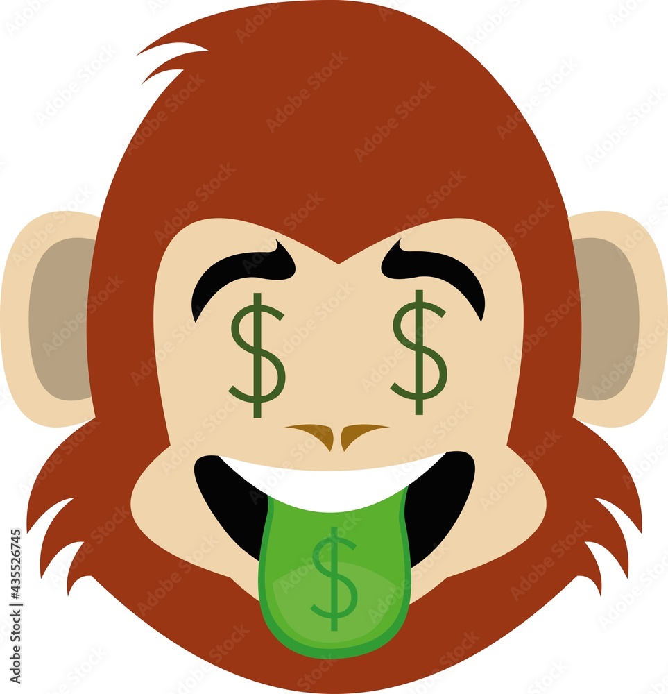 Vector illustration of emoticon of the face of a cartoon chimpanzee with eyes and tongue with the dollar sign Vector illustration of emoticon of the face of a cartoon chimpanzee with eyes and tongue with the dollar sign