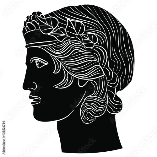 Head of ancient Greek god of wine Dionysus or Bacchus. Portrait of a young handsome man in profile wearing grape and ivy wreath. Black and white negative silhouette.