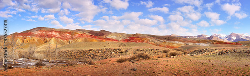 Mars in the Altai Mountains. The panorama of the slopes of the river terraces with the exposure of colorful clays and siltstones is a geological attraction. Chui Valley  Siberia  Russia