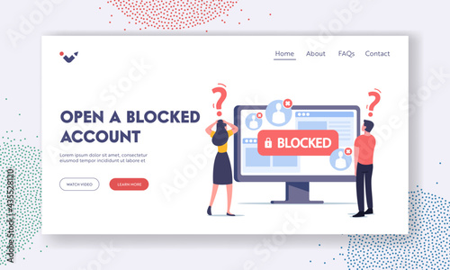 Open Blocked Account Landing Page Template. Tiny Characters at Huge Computer Monitor with Blocked Account on Screen