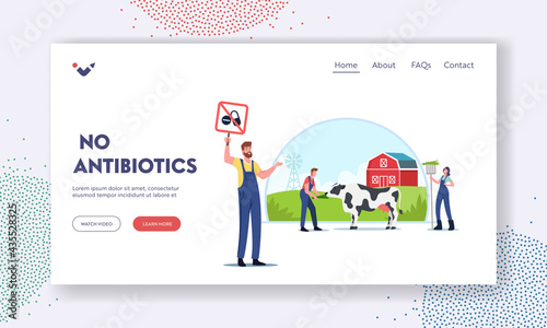 No Antibiotics Landing Page Template. Eco Farming, Character Signing Petition for Animal Husbandry Free of Hormones
