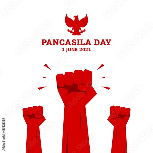 Pancasila day background with raised fist up holding indonesian flag. Indonesian independence day, Hari Lahir Pancasila. Flat style vector illustration for greeting card, poster, and banner. photo