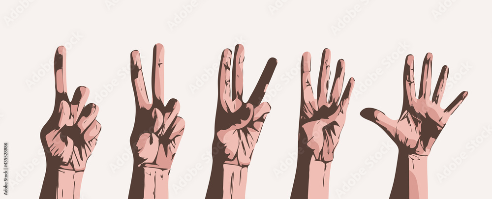 Fototapeta premium Counting fingers on gray background. Vector set of hands with counts on the fingers from one to five.
