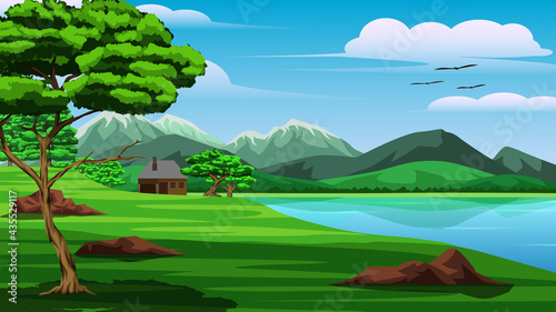 Illustration of a view of mountains lake trees grassland sky and And a small house on the edge of the lake It was a day when the sky was clear the atmosphere was bright