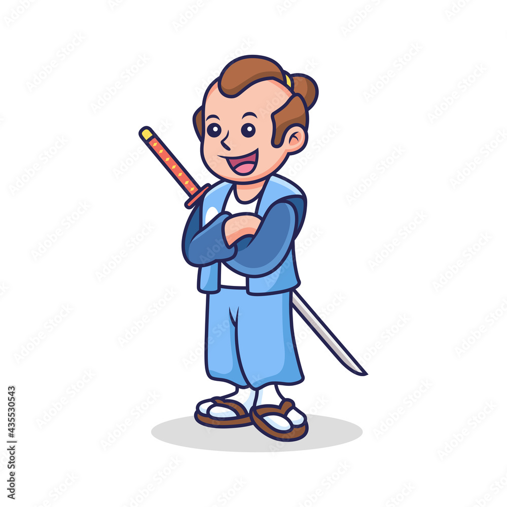 Cute Samurai Cartoon with Blue Kimono. People Vector Icon Illustration, Isolated on Premium Vector Cute Samurai Cartoon with Blue Kimono. People Vector Icon Illustration, Isolated on Premium Vector