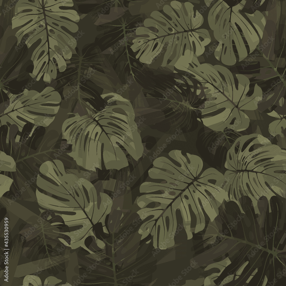 Camouflage tropical pattern with tropical plants. Exotic camo background with monstera leaves. Fashion jungle print for design. Copy raster illustration - obrazy, fototapety, plakaty 