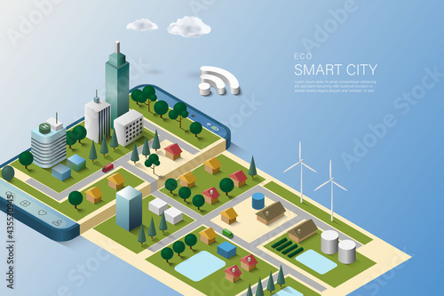 Eco smart city concept. Green city on smart phone. Smart city. Modern city. Concept website template. Vector illustration.