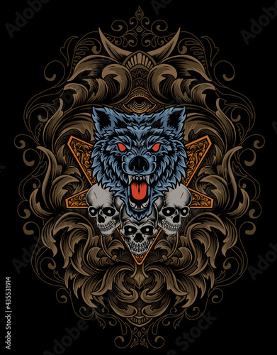 Photography illustration angry wolf and skull head with antique ornament