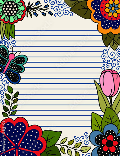 Colorful Page with Lines for Writing with Floral Border of Polka Dots and Butterflies