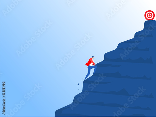 businessman climbs a steep mountain to forward goal. Vector cartoon illustration