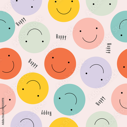Vector seamless pattern with happy smileys colorful. Smiling emoticons. Hand drawn trendy Vector illustration for kids. Good for Fabric, textile, giftware, wallpaper, for book design and more