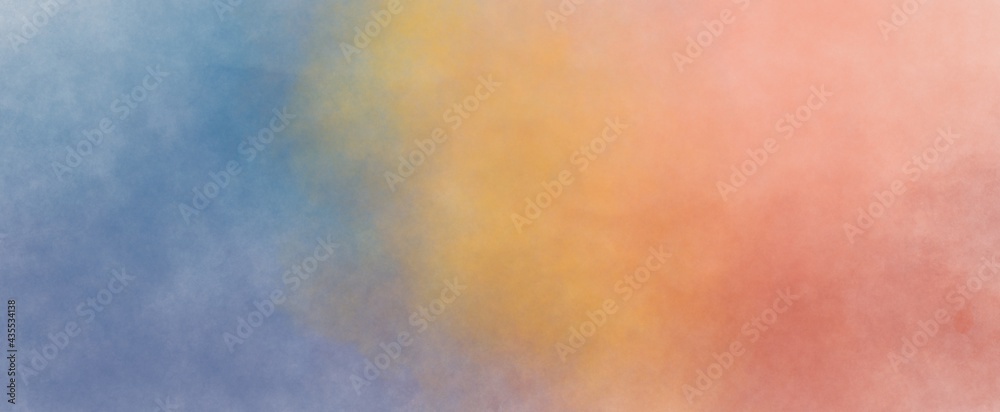 Blue and red background of watercolor clouds texture, abstract painted white smoke or haze in blotches and blobs on pastel blue green border to fill. Creativity concept