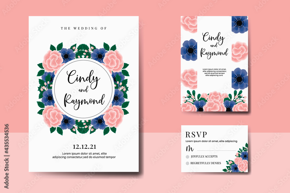 Obraz premium Wedding invitation frame set, floral watercolor hand drawn Rose With anemone Flower design Invitation Card Template