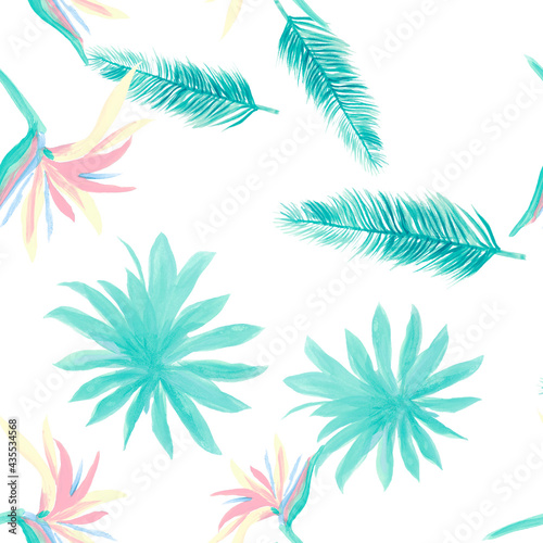 Blue Pattern Illustration. White Seamless Texture. Cobalt Tropical Design. Navy Flower Palm. Indigo Floral Foliage. Wallpaper Textile. Decoration Illustration.