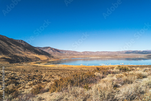 Mono lake, California in Autumn on sunny day with clear blue sky and tufa 