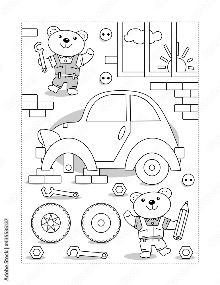 Coloring page or activity sheet for kids with bear mechanics repairing the car
