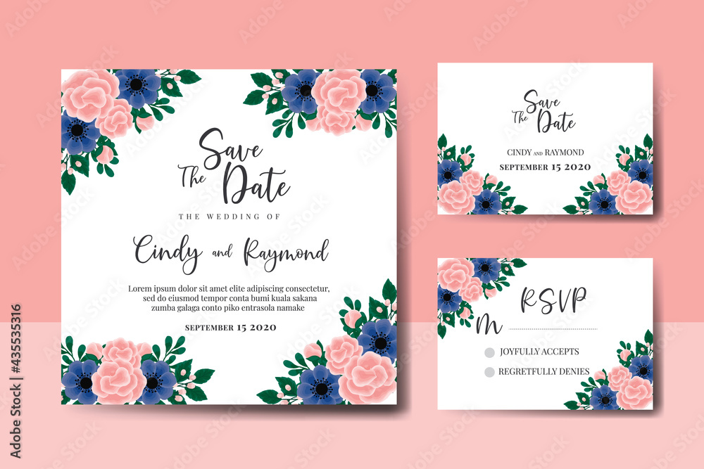 Wedding invitation frame set, floral watercolor hand drawn Rose With anemone Flower design Invitation Card Template