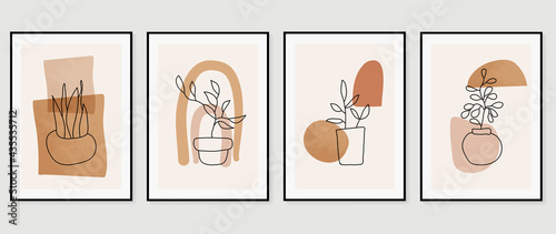 Abstract art background Vector. Minimal house plant pot hand drawn line art with earth tone water color design for wall art and home decoration, prints, poster and cover design template. 