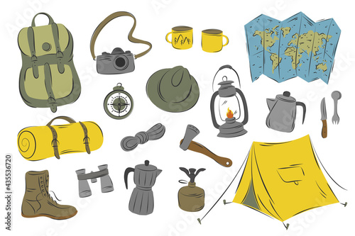 Set of hand drawn facilities for tourism and camping equipment. Preparing for hiking tour, vacation, activity holiday, outdoor travel concept.
