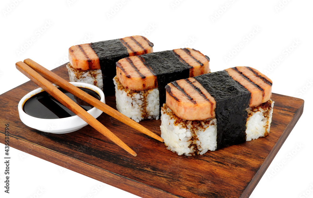 Spam musubi with grilled pork luncheon meat and sushi rice wrapped with roasted seaweed nori