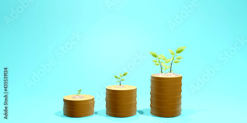 Growing Money - Plant On Coin stack - Finance And Investment Concept. 3d render illustration.