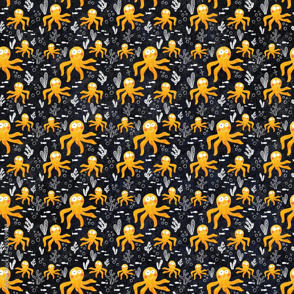 Funny yellow octopus on a dark background. Natural seamless pattern . Illustration is hand-drawn with curved lines. Design for clothing, fabric and other items. Funny yellow octopus on a dark background. Natural seamless pattern . Illustration is hand-drawn with curved lines. Design for clothing, fabric and other items.