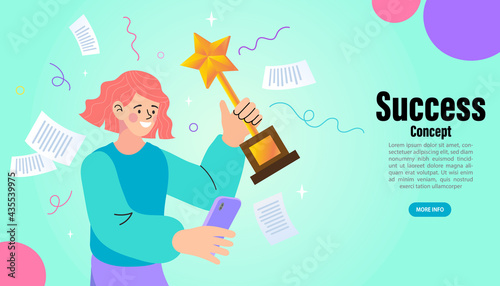 Business winner concept. People holding the golden trophy to celebrate the team's victory. Success and achievement concept. Online course education lectures. Vector graphics. 