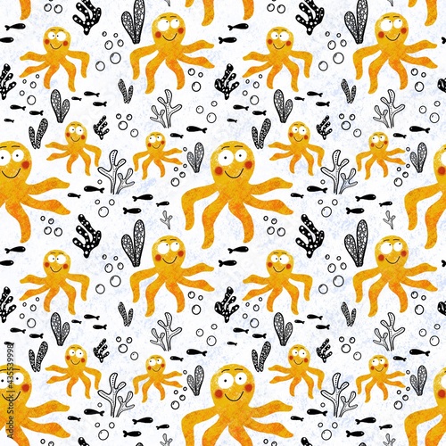 Funny yellow octopus on a white background. Natural seamless pattern . illustration is hand drawn with curved lines. Design for clothing  fabric and other items.