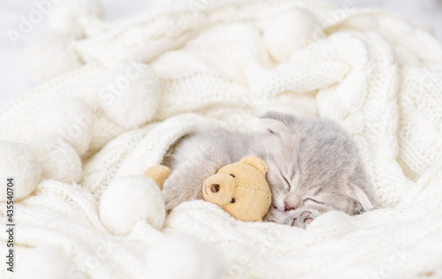 A small purple kitten is lying on a white knitted background and sleeping. Postcard for the holiday concep