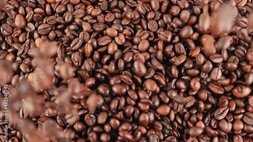 Close-up of black coffee beans falling from top to bottom. A lot of black roasted large grains. The concept of natural black coffee. Black background.