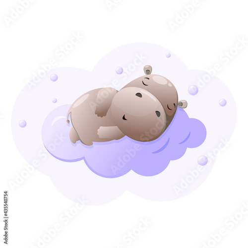 Cute sleeping hippo on a cloud. Children's animal illustration.