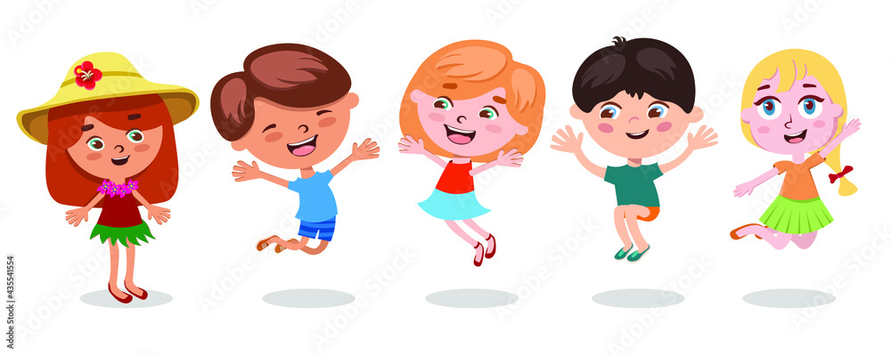Cheerful happy children jump, rejoice in summer, successes, victories. Long banner. Funny cartoon characters. Isolated vector illustration on white background. Cheerful happy children jump, rejoice in summer, successes, victories. Long banner. Funny cartoon characters. Isolated vector illustration on white background.