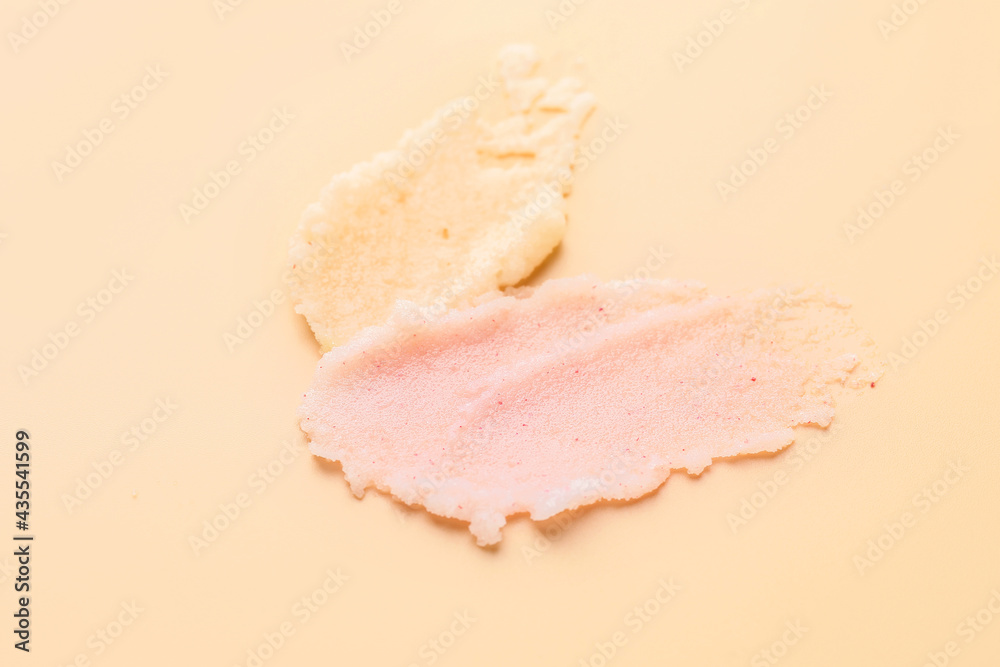 Samples of body scrub on color background Samples of body scrub on color background