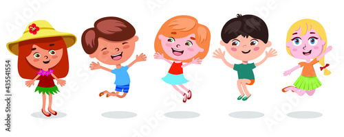 Fototapeta Naklejka Na Ścianę i Meble -  Cheerful happy children jump, rejoice in summer, successes, victories. Long banner. Funny cartoon characters. Isolated vector illustration on white background.