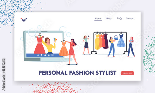 Female Characters Use Personal Fashion Stylist Online Service Landing Page Template. Wardrobe Consultant on Huge Laptop