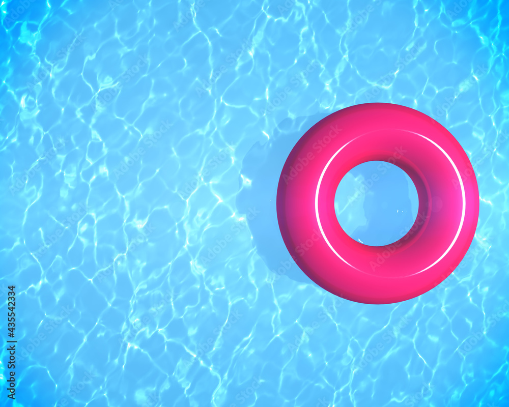 Fototapeta premium Summer time background with pink inflatable ring donut float in blue swimming pool and copy space for text, 3d rendering.
