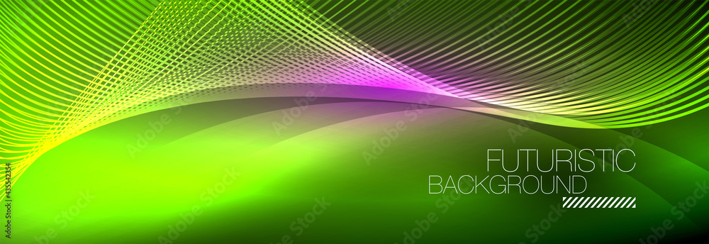 Abstract neon glowing light in the dark with waves. Shiny magic energy and motion concept, vector abstract wallpaper background Abstract neon glowing light in the dark with waves. Shiny magic energy and motion concept, vector abstract wallpaper background