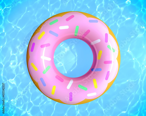Top view of summer pool party concept with rubber ring donut toy in the swimming pool, 3d rendering.
