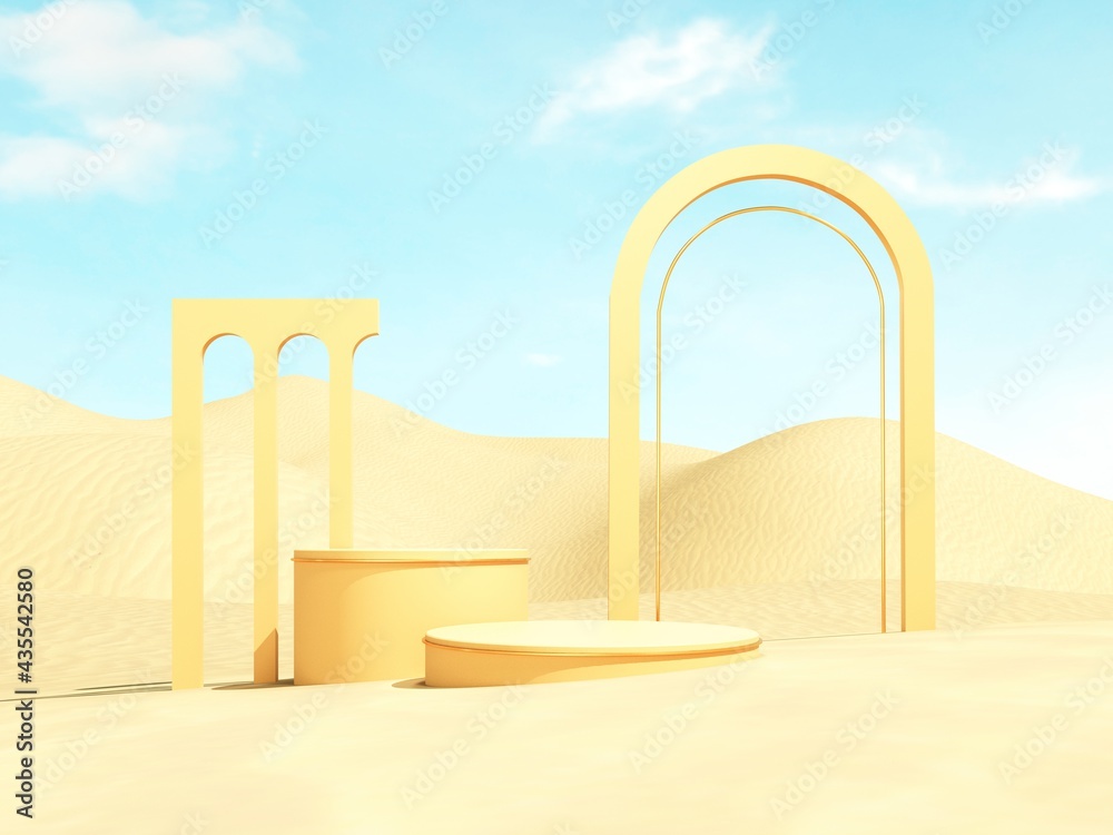 Abstract, architectural structure with arches and flying golden balls on sandy beach and sky background - 3D render with copy space. Modern minimal abstract illustration for advertising products.
Abstract, architectural structure with arches and flying golden balls on sandy beach and sky background - 3D render with copy space. Modern minimal abstract illustration for advertising products.