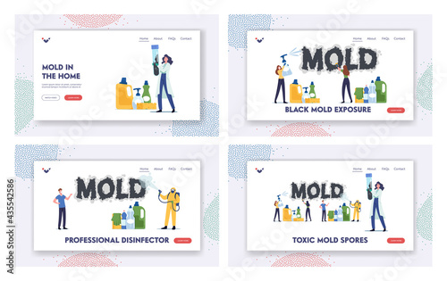 Toxic Mold Spores Landing Page Template Set. Pest Control Workers Characters in Respirator Spraying Disinfectant