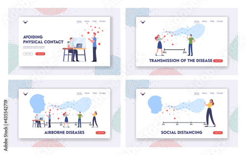 Airborne Disease, Virus Transmission Landing Page Template Set. Characters Visiting Public Place with Flying Germ Cells