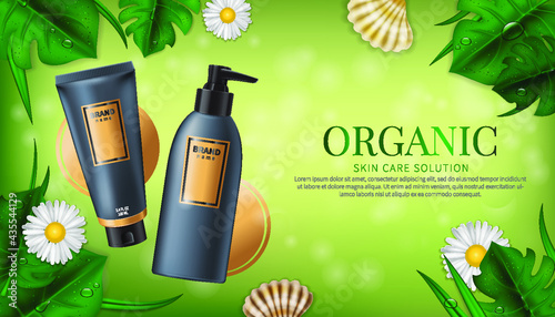 Cosmetic bottle template with tropical leaves and flowers. Vector illustration.
