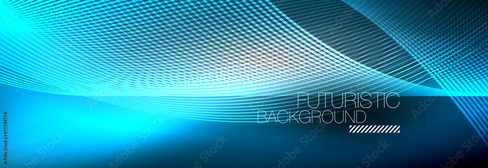 Abstract neon glowing light in the dark with waves. Shiny magic energy and motion concept, vector abstract wallpaper background Abstract neon glowing light in the dark with waves. Shiny magic energy and motion concept, vector abstract wallpaper background