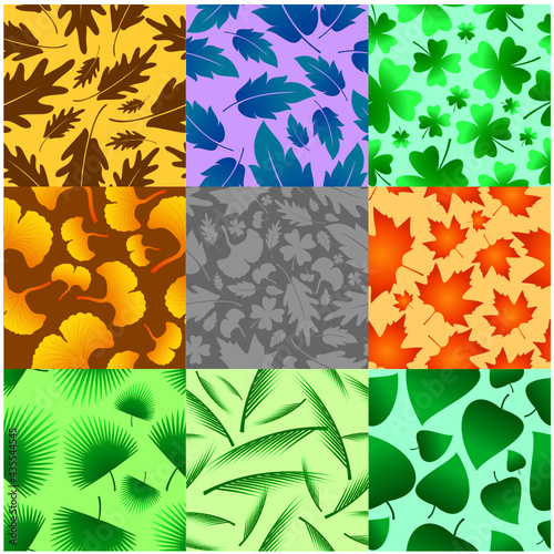 Colorful leaves seamless patterns, ginkgo, oak, mint, clover, maple, bodhi, coconut, palm.