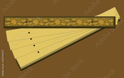 vector illustration of empty Northern Thai palm-leaf manuscripts with ancient golden flower art on wooden cover comparison like books on this time