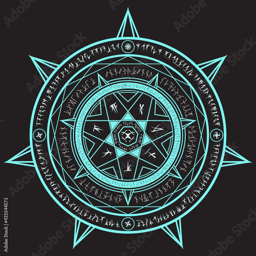 light blue seven star magic incantation circle with fantasy alphabets spell (named Fotonth) on black background
